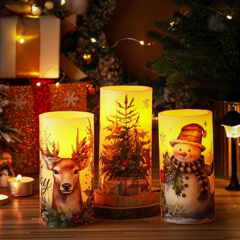 ROCEEI Store 3 Pcs Winter Retro Candles Vintage Style Battery Operated LED Candles Winter Retro Pillar Flickering Real Wax Decorations for Indoor Table Decor Happy New Year Gifts Holiday Party - Image 3